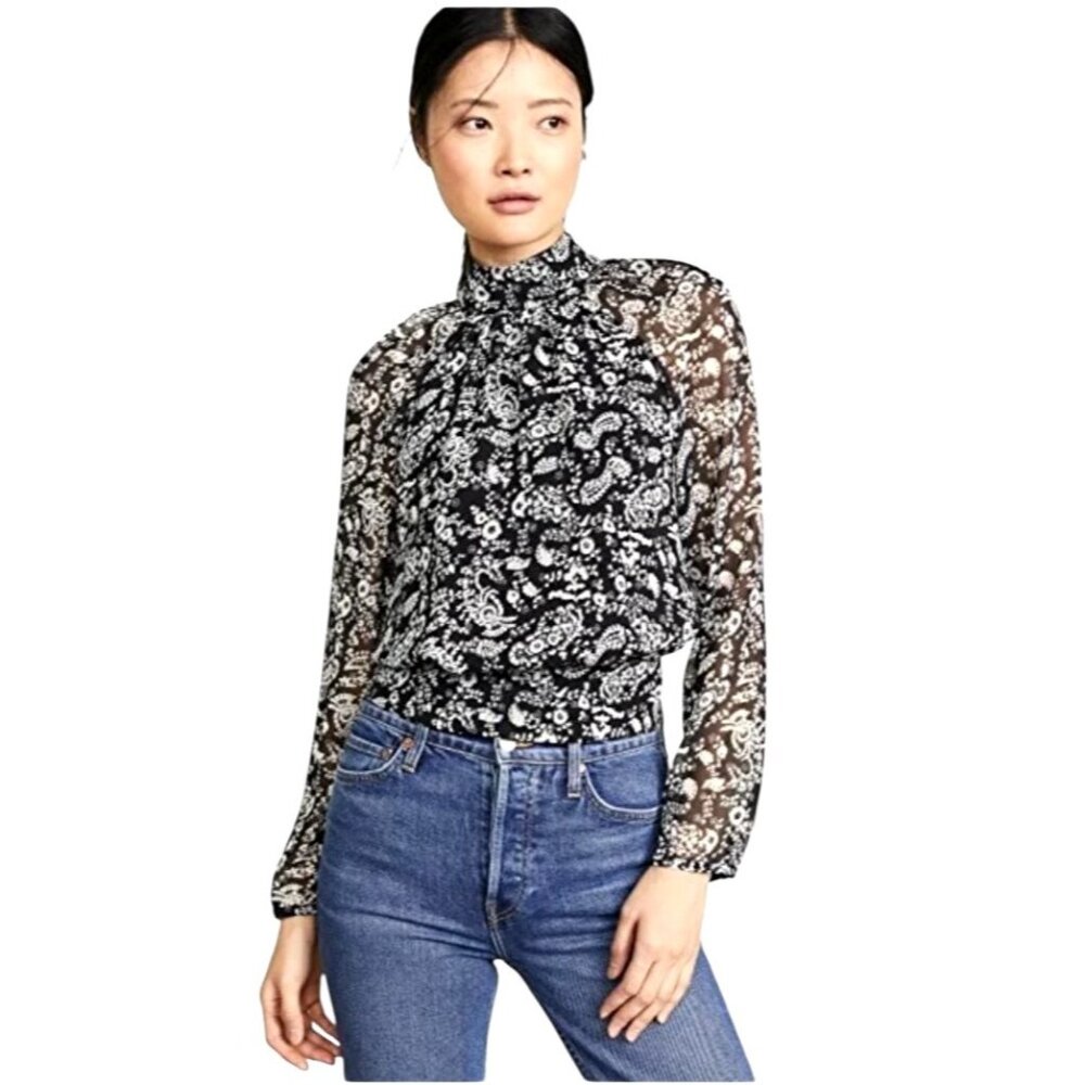 Rebecca Minkoff Shirt Women Small Black Floral Back Tie Zariah Blouse Whimsigoth